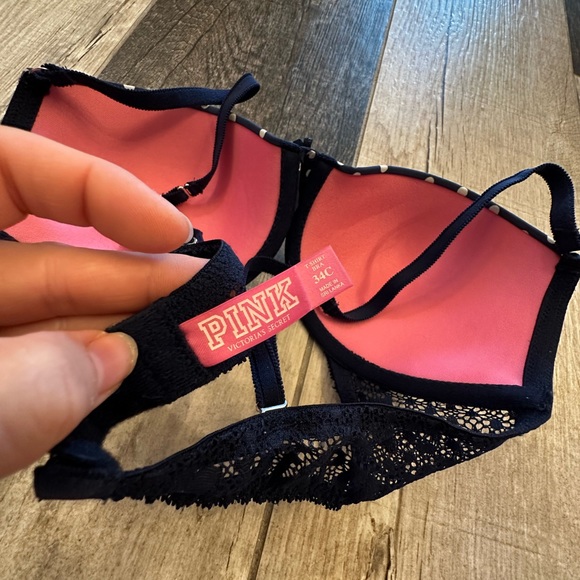 Victoria Secret Love Pink Navy Blue Polka Dot Bra with Charm & Pink Lace - Picture 11 of 15